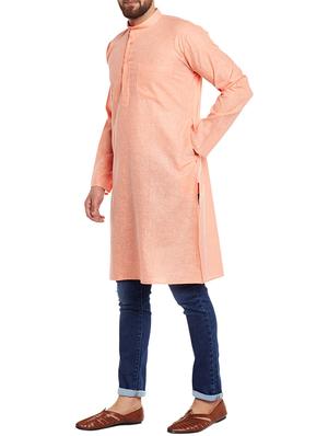 peach linen solid long kurta - 14794285 - Standard Image - 2