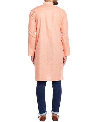 peach linen solid long kurta - 14794285 - Standard Image - 3