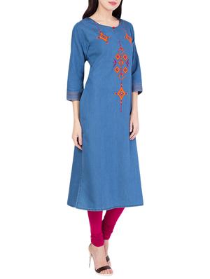 blue denim straight kurta - 14804928 - Standard Image - 2
