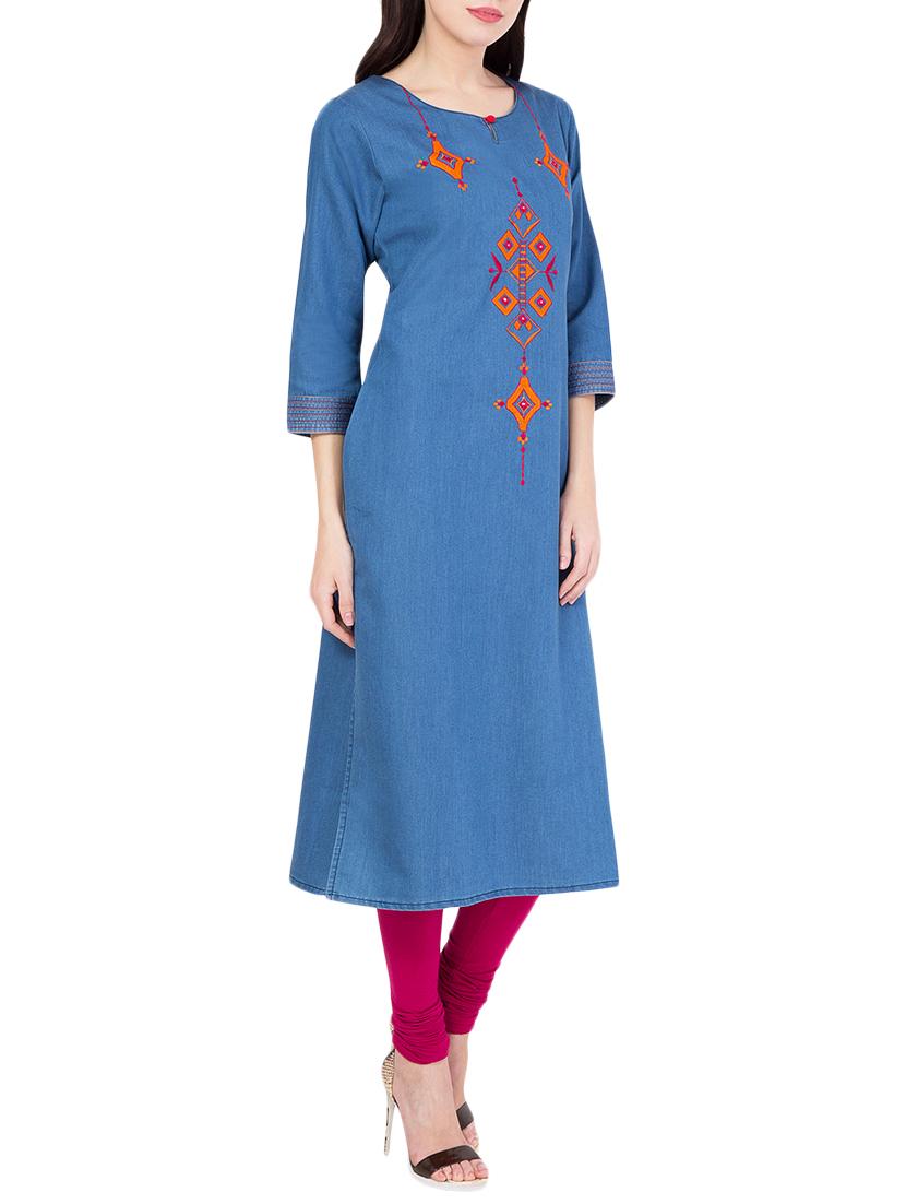 blue denim straight kurta - 14804928 - Zoom Image - 2
