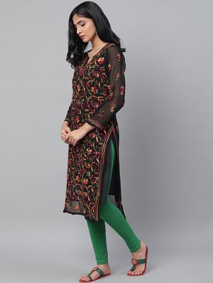 ada hand-embroidered black georgette chikankari straight kurta - 14810669 - Standard Image - 3