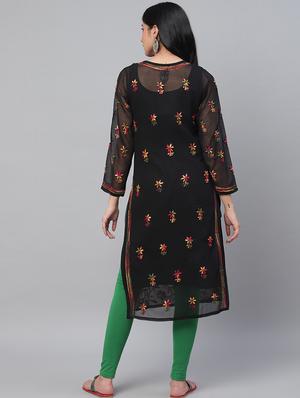 ada hand-embroidered black georgette chikankari straight kurta - 14810669 - Standard Image - 4