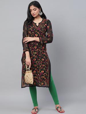 ada hand-embroidered black georgette chikankari straight kurta - 14810669 - Standard Image - 5