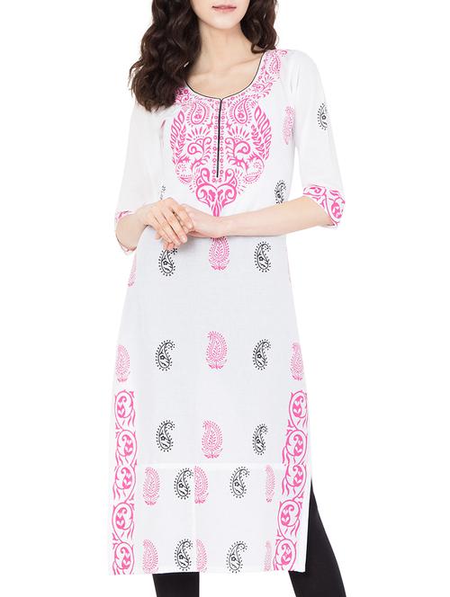 white cotton straight kurta - 14810936 - Very Small Image - 1