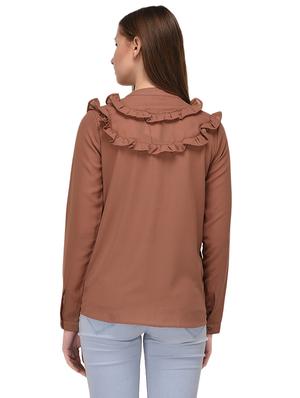 brown solid ruffled shirt - 14811698 - Standard Image - 3