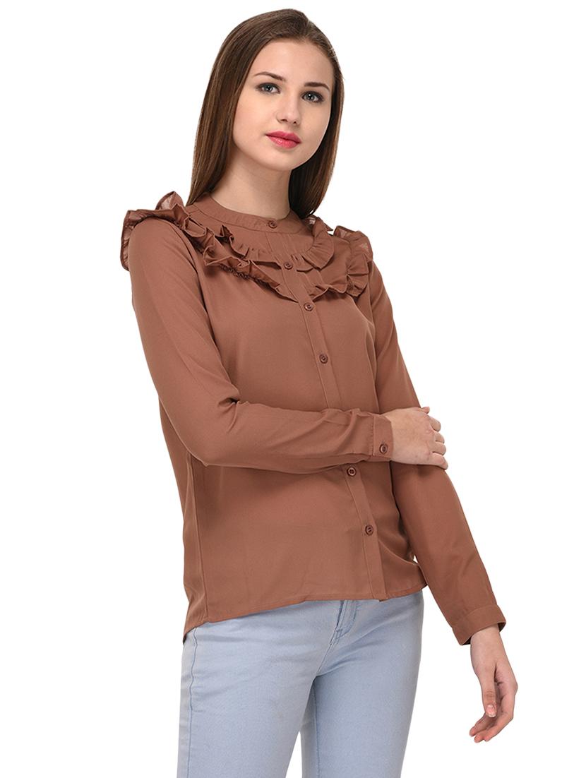brown solid ruffled shirt - 14811698 - Zoom Image - 2
