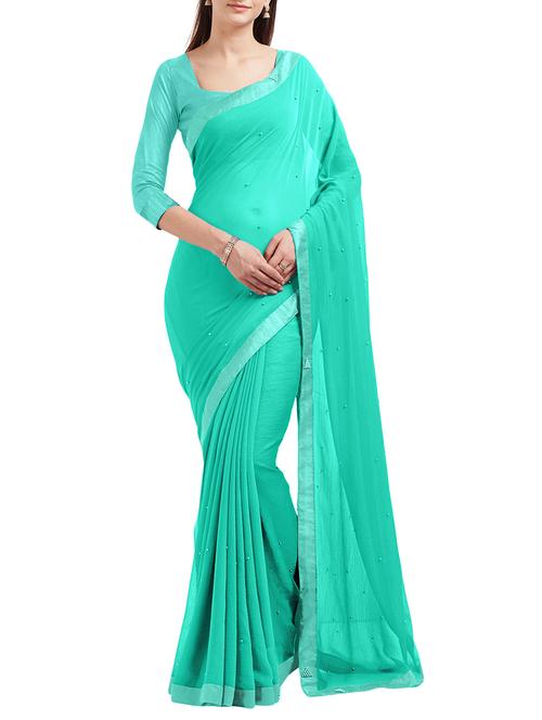 turquoise bordered saree with blouse - 14813996 - Standard Image - 1