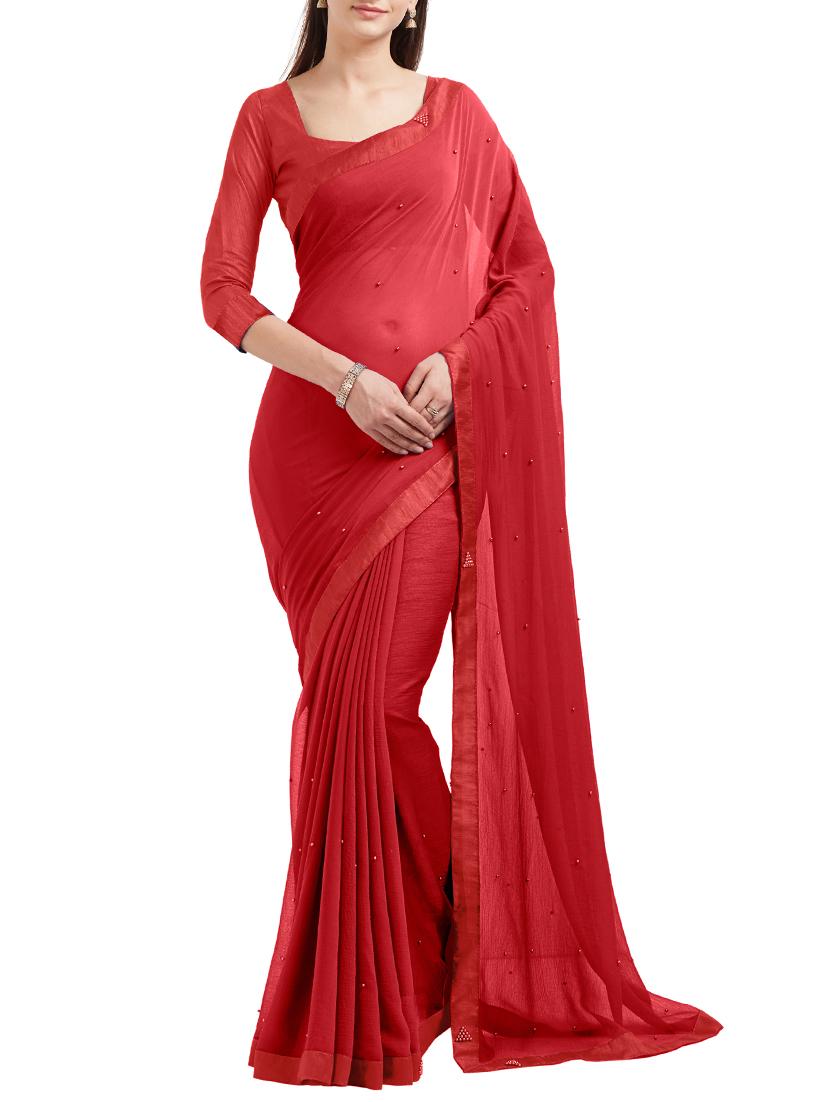 red chiffon bordered saree with blouse - 14813999 - Zoom Image - 1