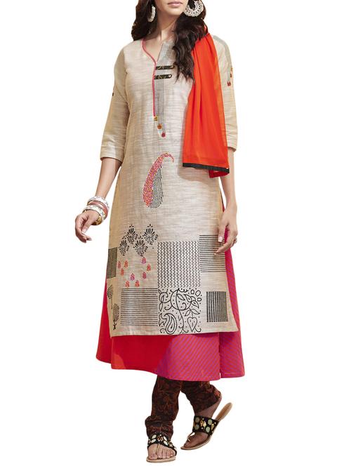 Printed chanderi layered kurta with churidaar suit set - 14816742 - Standard Image - 1