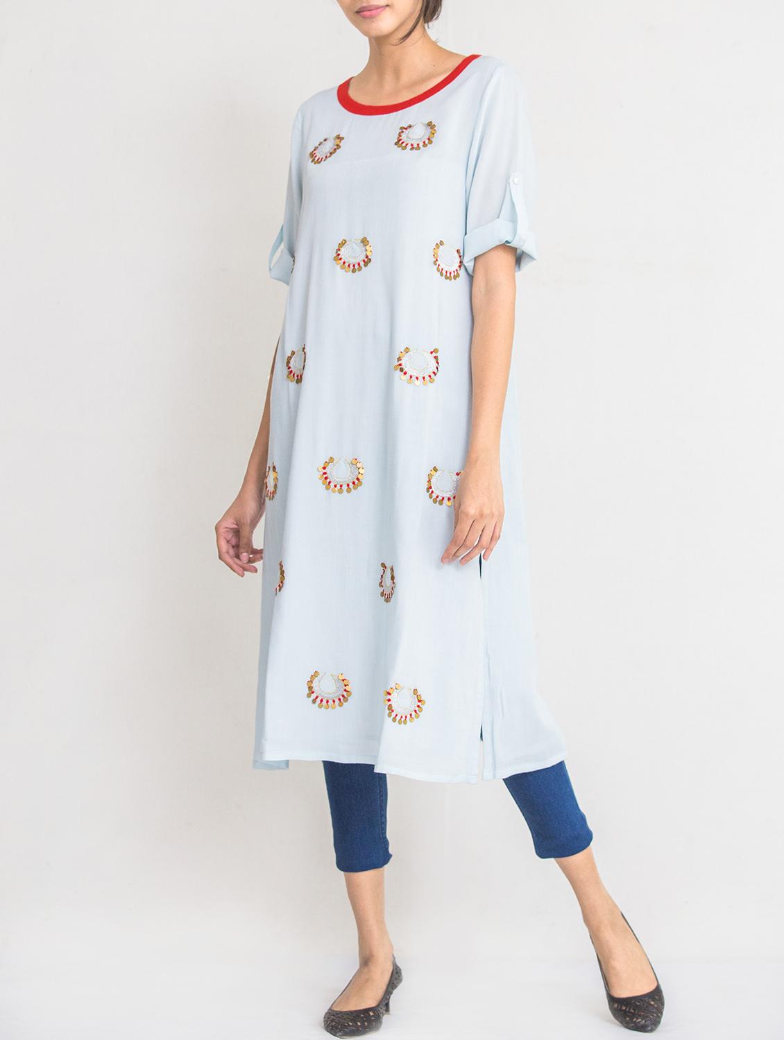 sky blue viscose straight kurta - 14816778 - Zoom Image - 1