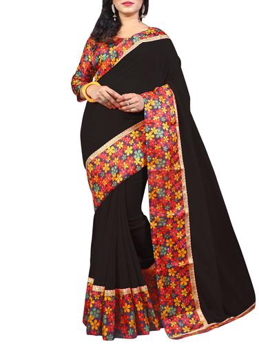 black georgette bordered saree with blouse - 14816781 - Very Small Image - 1