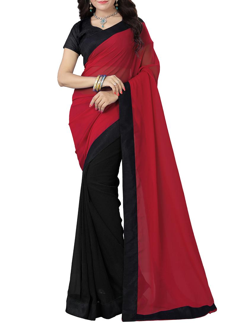 red georgette half and half saree with blouse - 14817171 - Zoom Image - 1