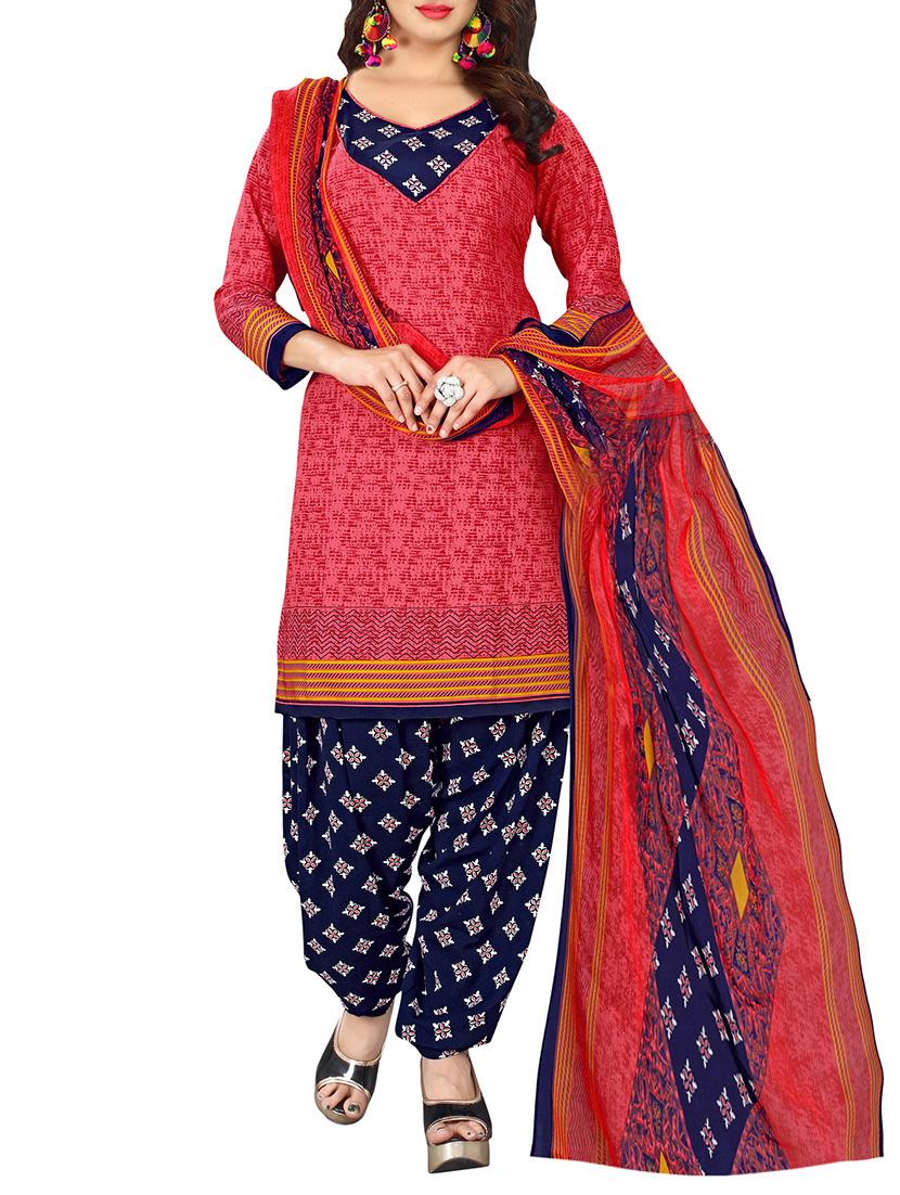 red crepe printed unstitched suit