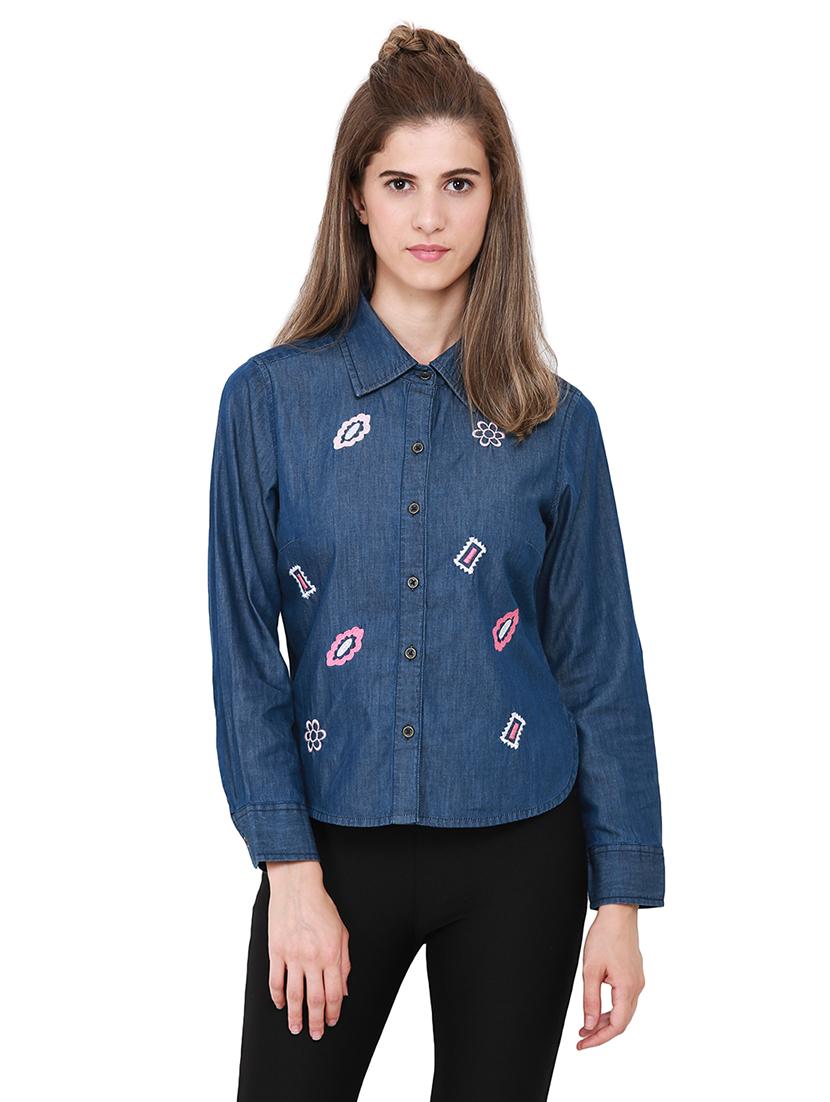 heather hues blue denim embroidered shirt - 14845614 - Zoom Image - 1