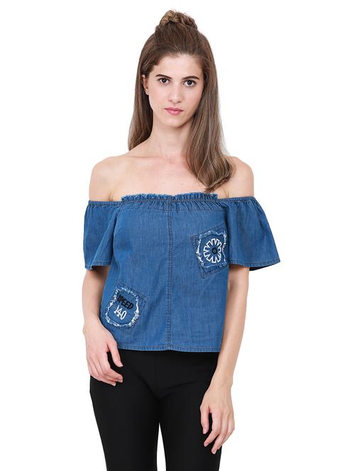 off shoulder frayed denim top - 14845641 - Standard Image - 1
