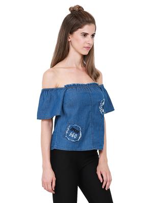 off shoulder frayed denim top - 14845641 - Standard Image - 2
