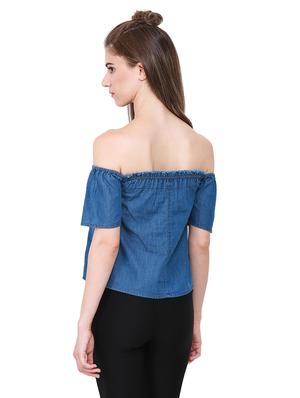 off shoulder frayed denim top - 14845641 - Standard Image - 3