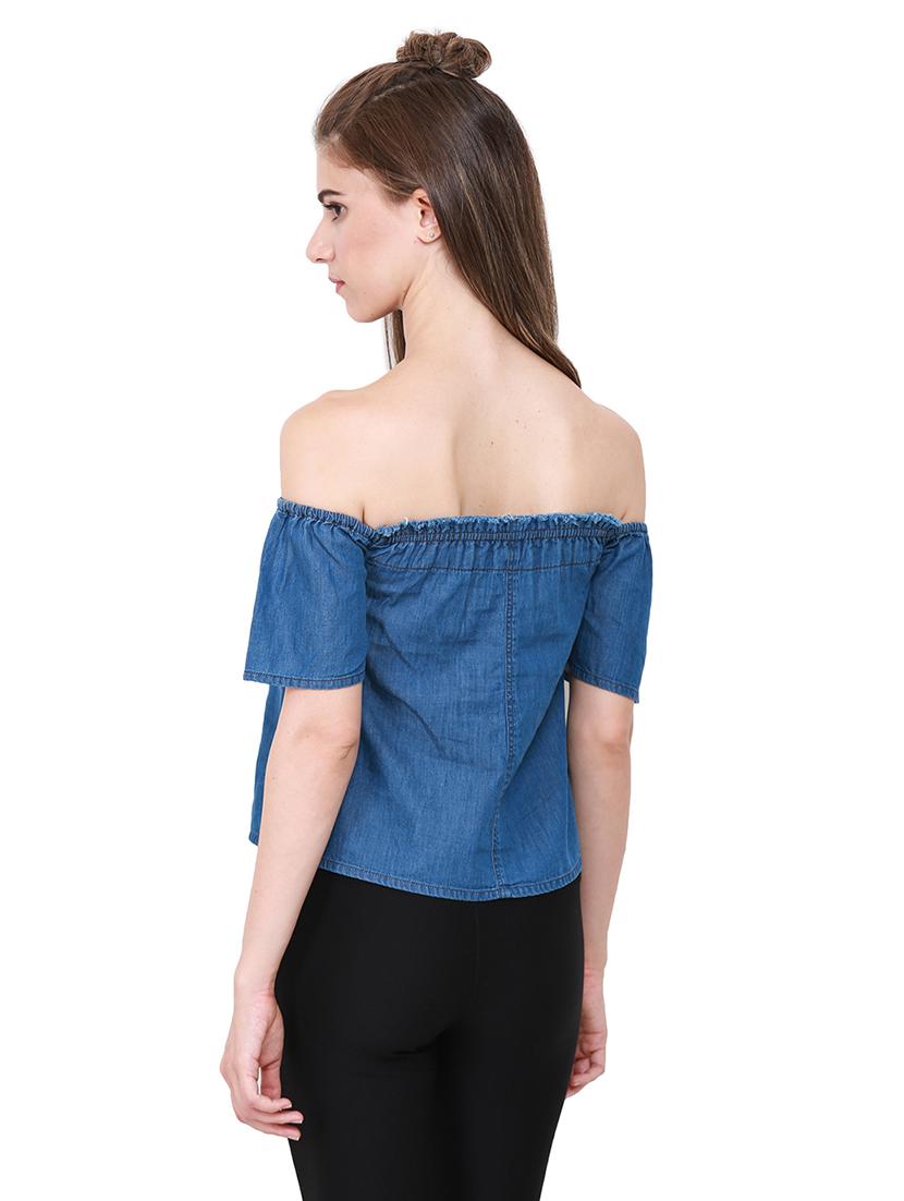 off shoulder frayed denim top - 14845641 - Zoom Image - 3