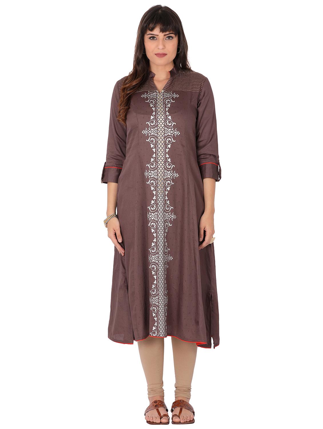 brown cotton aline kurta - 14853891 - Zoom Image - 1
