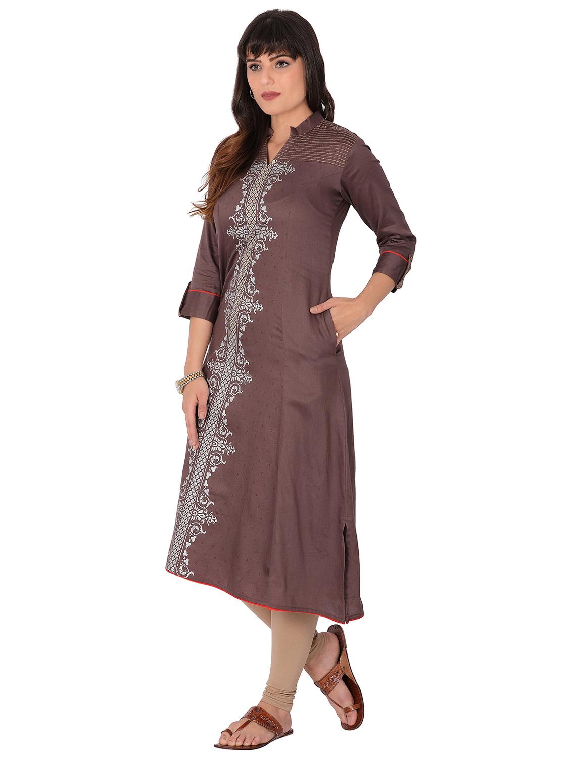 brown cotton aline kurta - 14853891 - Zoom Image - 2