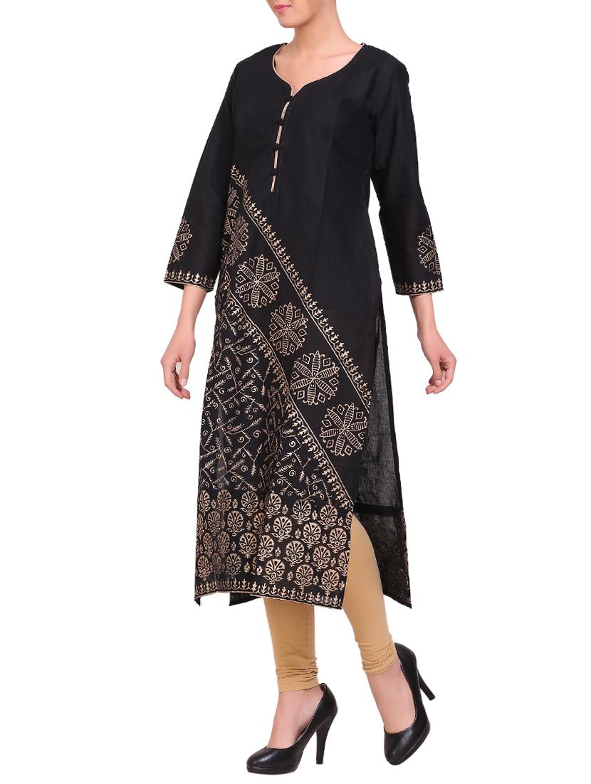 black cotton straight kurta - 14863413 - Zoom Image - 2