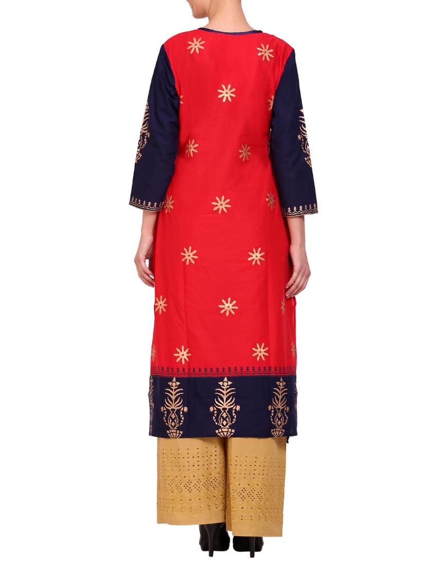 rerdcolored cotton straight kurta - 14863415 - Zoom Image - 3