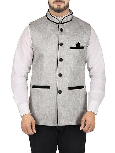 grey cotton blend nehru jacket - 14863458 - Very Small Image - 1
