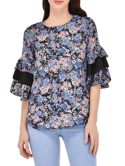 blue poly crepe printed top - 14864277 - Standard Image - 1