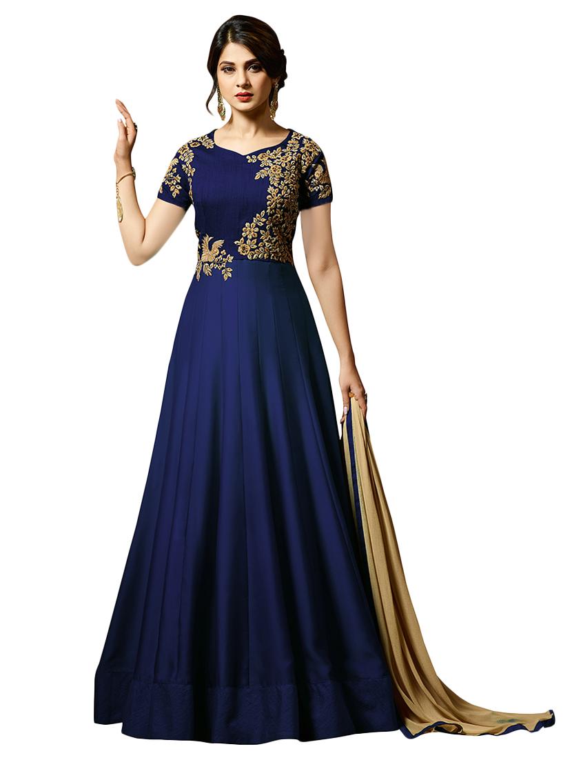 blue silk semi-stitched anarkali suit - 14869681 - Zoom Image - 1
