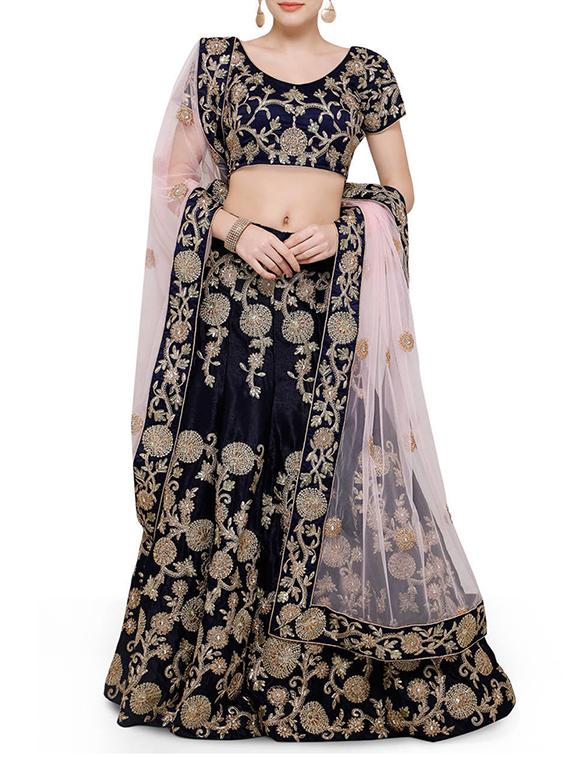 blue velvet flared lehenga - 14877543 - Zoom Image - 1