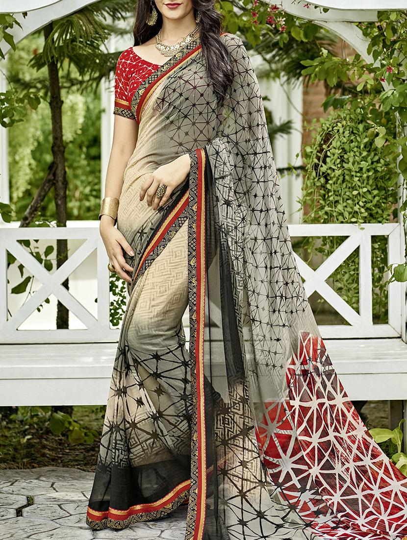 beige printed saree with blouse - 14881290 - Zoom Image - 1
