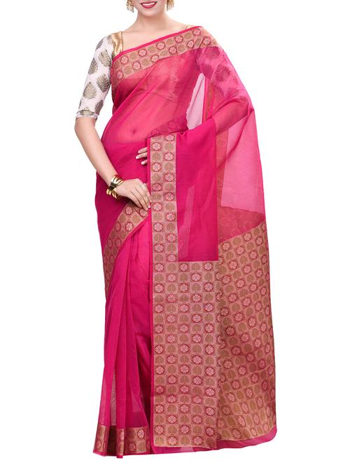 pink cotton blend woven saree with blouse - 14881788 - Very Small Image - 1