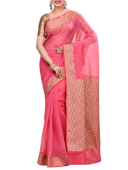peach cotton blend woven saree with blouse - 14881789 - Very Small Image - 1