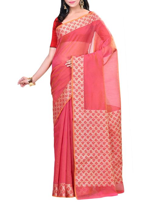 pink cotton blend woven saree with blouse - 14881792 - Very Small Image - 1