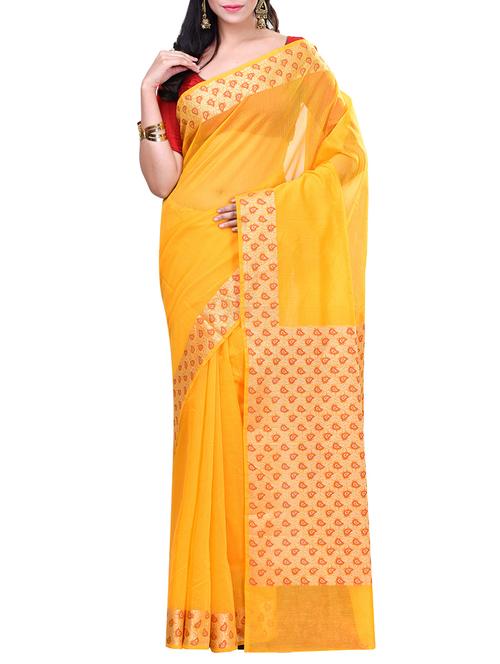 yellow cotton blend woven saree with blouse - 14881794 - Very Small Image - 1