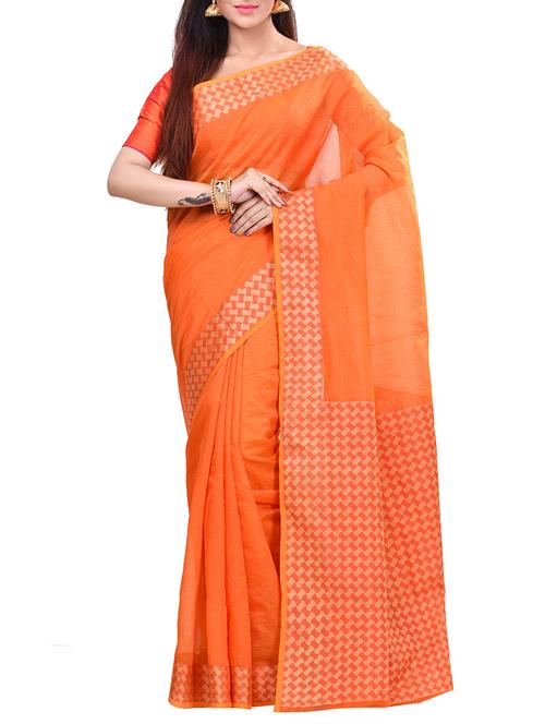 orange cotton blend woven saree with blouse - 14881796 - Very Small Image - 1