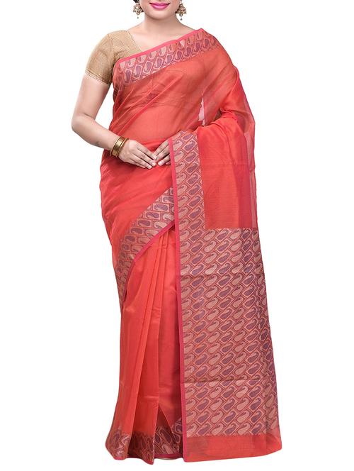 orange cotton blend woven saree with blouse - 14881848 - Very Small Image - 1
