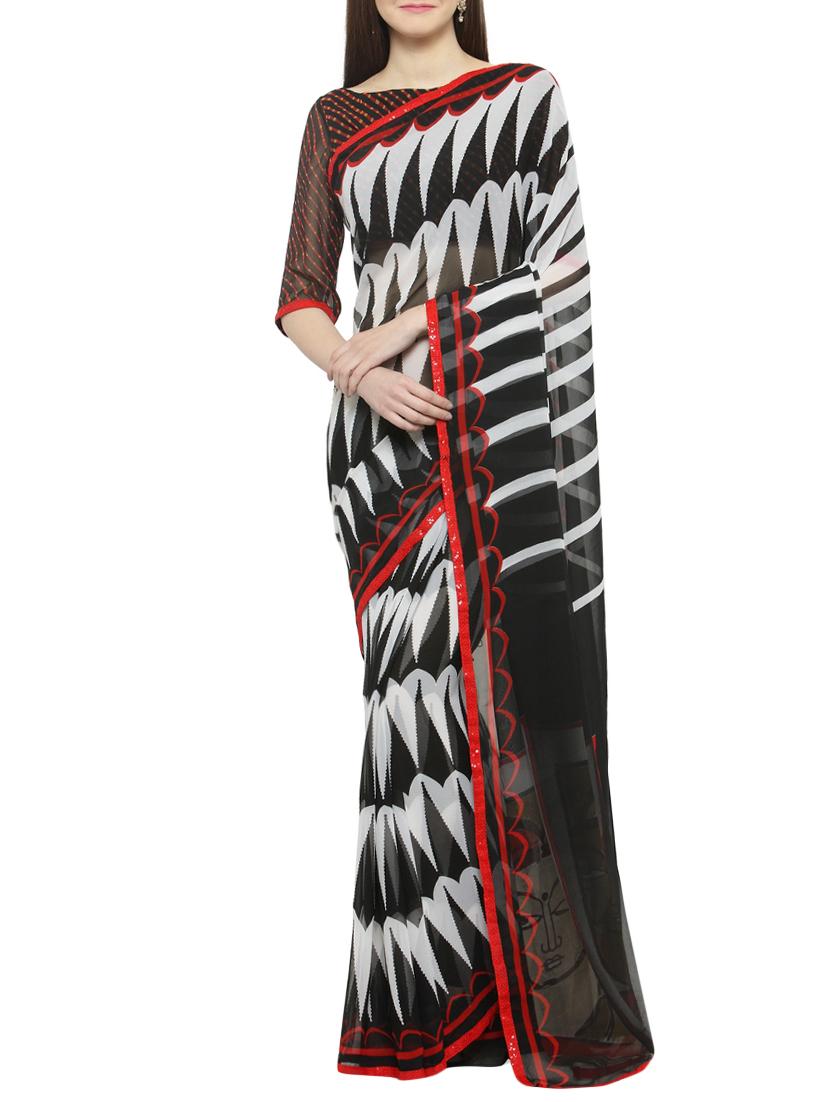 black georgette printed saree with blouse - 14884191 - Zoom Image - 1