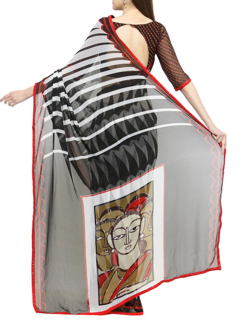 black georgette printed saree with blouse - 14884191 - Zoom Image - 2