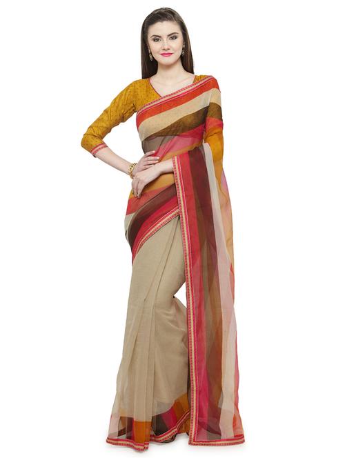 Beige printed saree with blouse - 14884265 - Standard Image - 1
