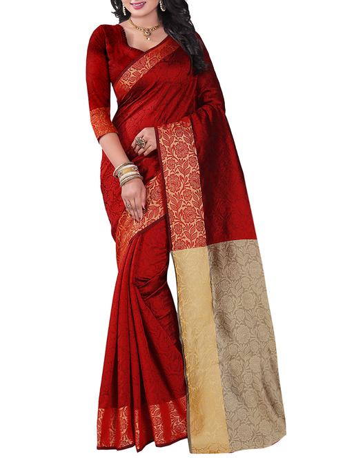red cotton blend woven saree with blouse - 14884350 - Very Small Image - 1