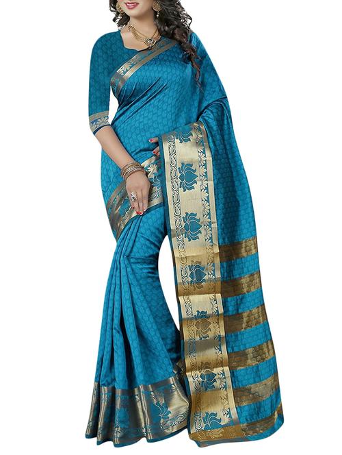 turquoise cotton blend woven saree with blouse - 14884362 - Very Small Image - 1