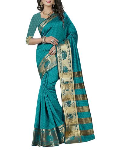 turquoise cotton blend woven saree with blouse - 14884365 - Very Small Image - 1