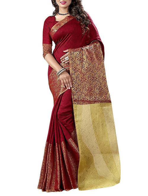 red cotton blend woven saree with blouse - 14884367 - Very Small Image - 1