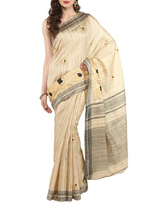 beige embroidered saree with blouse - 14884773 - Standard Image - 1