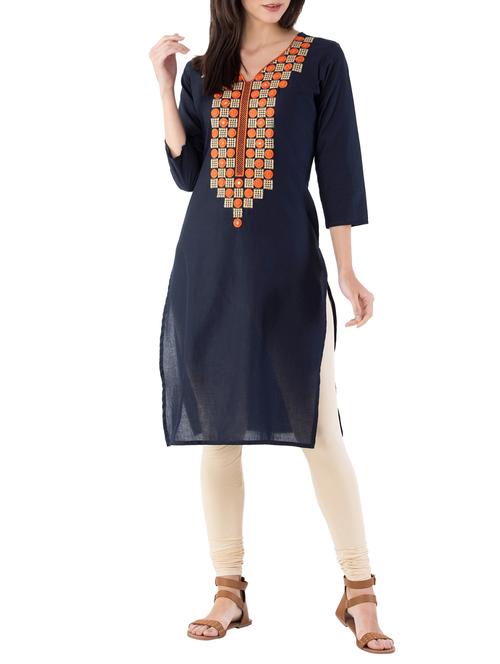 blue cotton straight kurta - 14885575 - Standard Image - 1