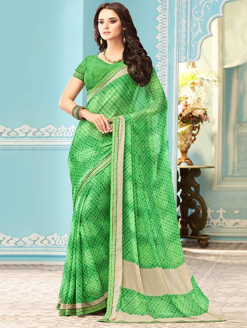 green chiffon printed saree with blouse - 14886317 - Very Small Image - 1
