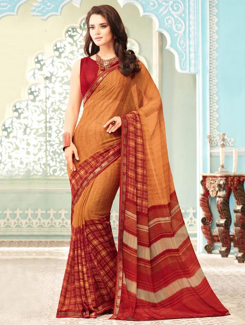 brown chiffon printed saree with blouse - 14886320 - Very Small Image - 1