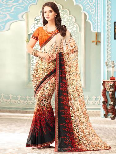Contrast bordered printed saree with blouse - 14886326 - Very Small Image - 1