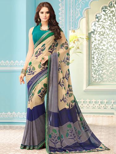 beige chiffon printed saree with blouse - 14886331 - Very Small Image - 1